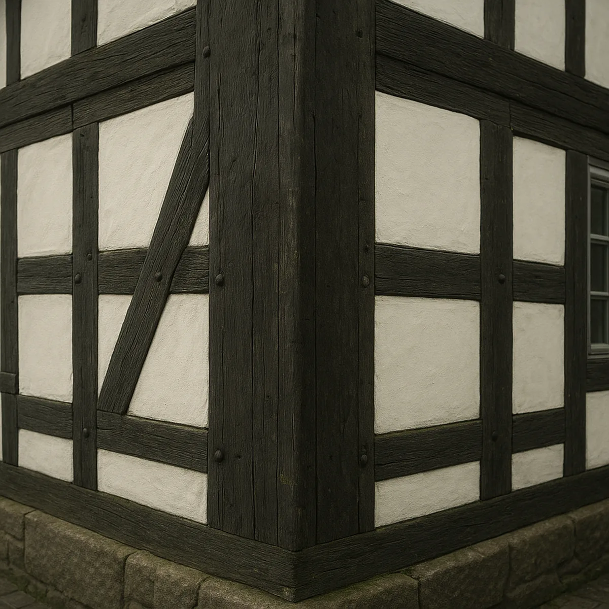 Ecke eines Fachwerkhauses mit sichtbaren Eichenbalken